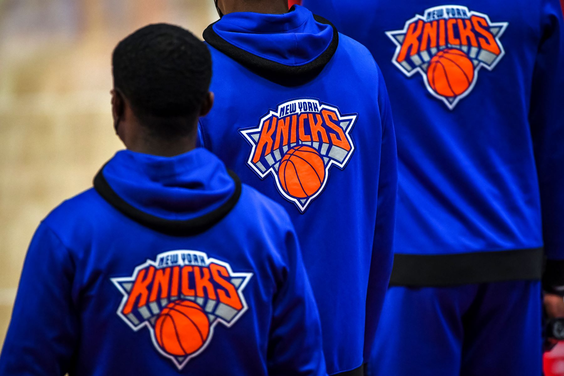 NBA team New York Knicks logo on the back of hoodies before a game against the Detroit Pistons