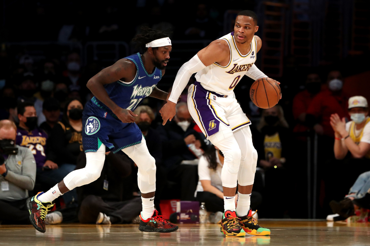 Patrick Beverley and Russell Westbrook during a game in January 2022.