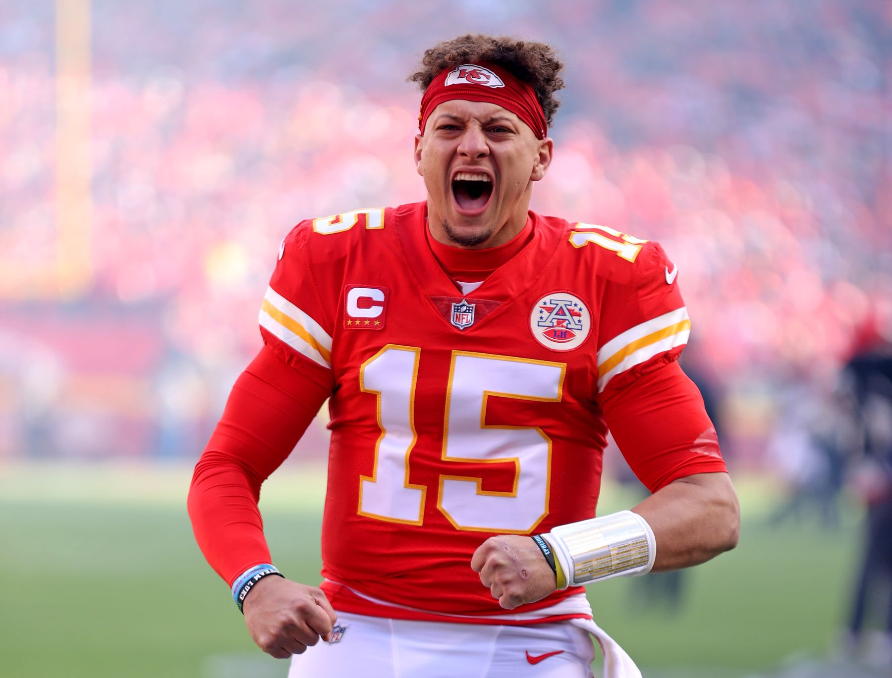 Quarterback Patrick Mahomes as #15 of the Kansas City Chiefs before the AFC Championship game against the Cincinnati Bengals