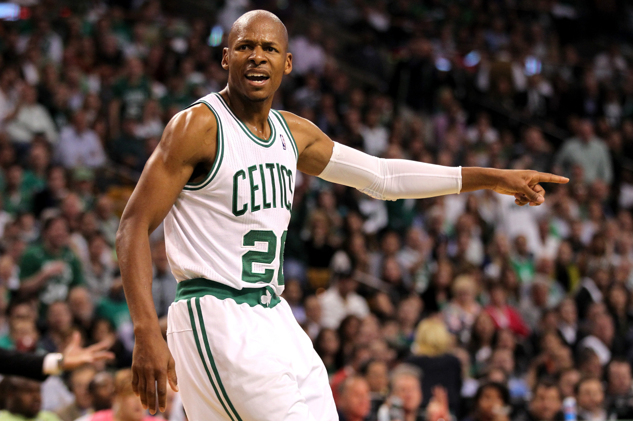 Ray Allen of the Boston Celtics reacts in the first half against the Miami Heat.