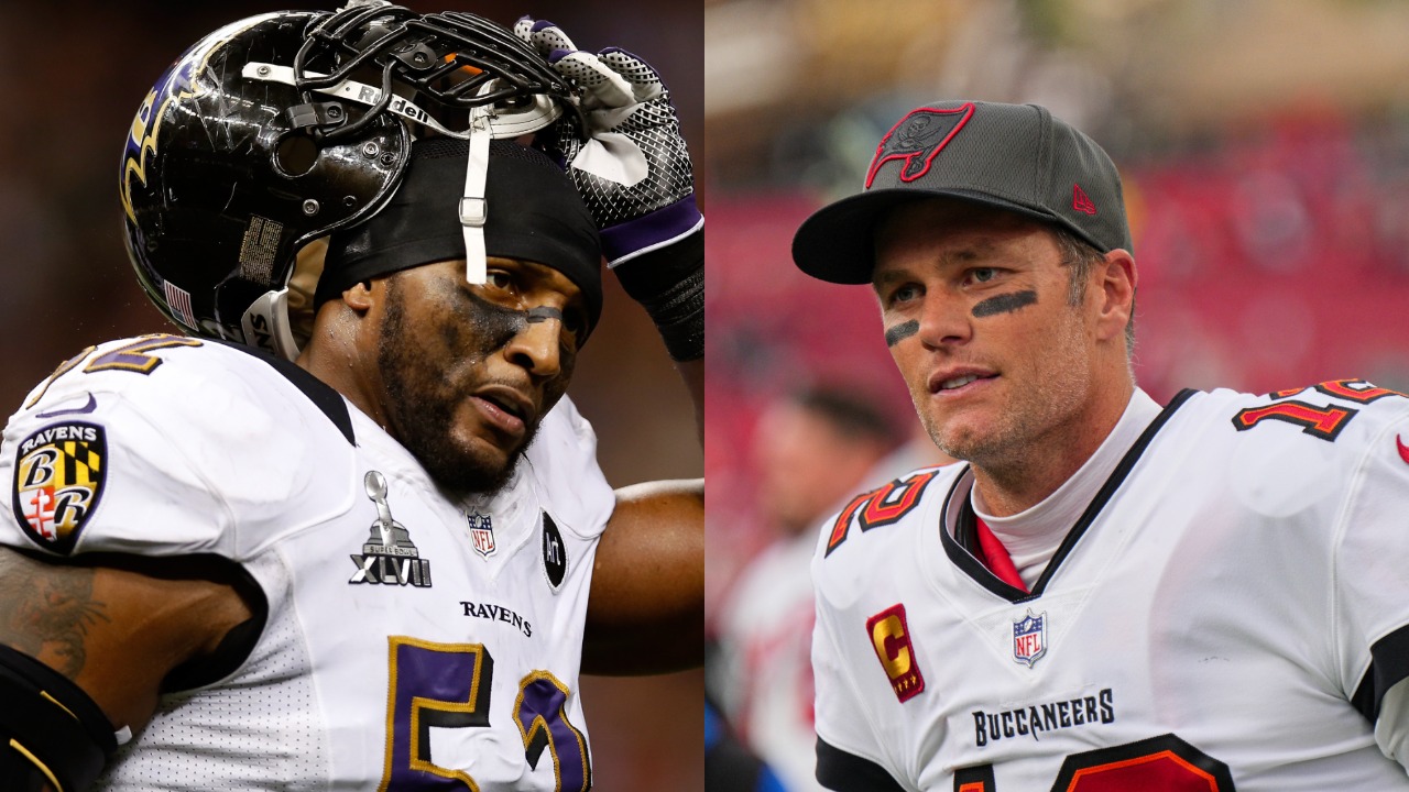 Ravens linebacker Ray Lewis takes helmet off during Super Bowl; Buccaneers QB Tom Brady looks on after a game