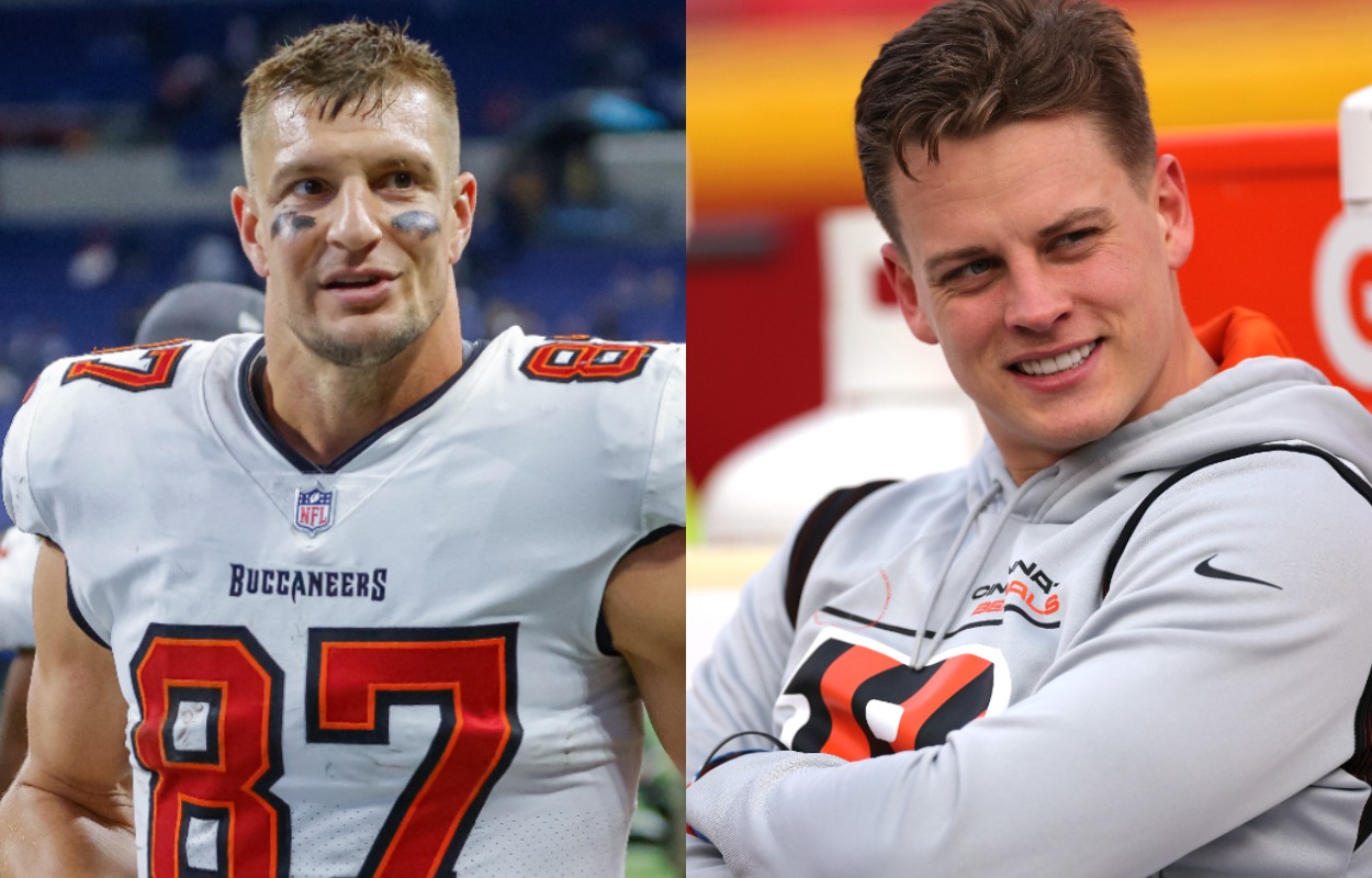 Tampa Bay Buccaneers tight end Rob Gronkowski (L) and Cincinnati Bengals quarterback Joe Burrow.
