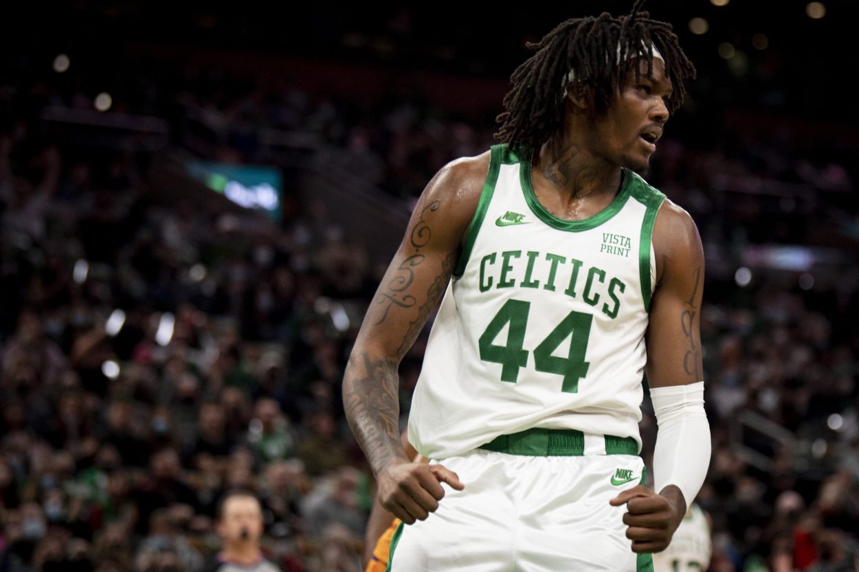 Boston Celtics center Robert Williams III reacts during an NBA game against the Phoenix Suns in December 2021