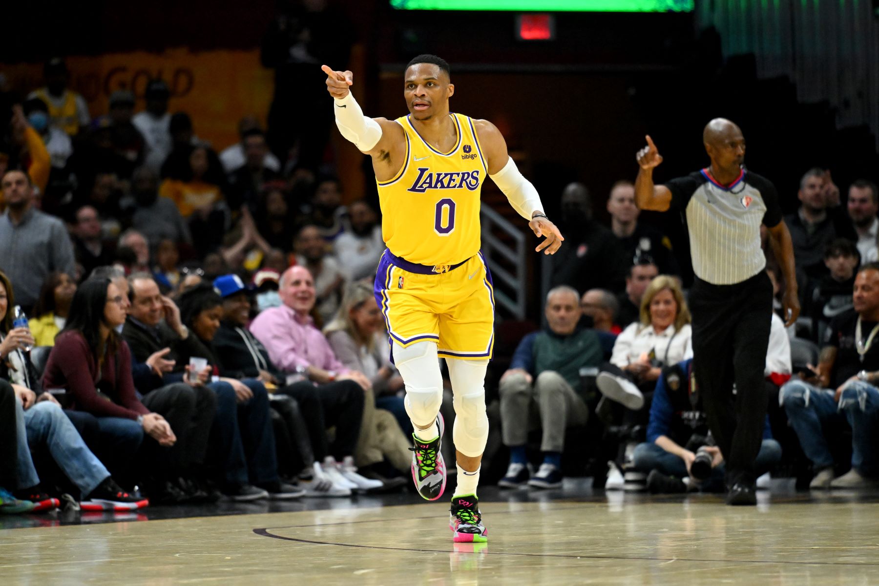 Russell Westbrook as #0 on the Los Angeles Lakers NBA team during a game against the Cleveland Cavaliers