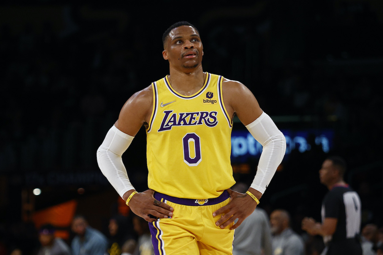 Russell Westbrook looks on against the Mavericks.