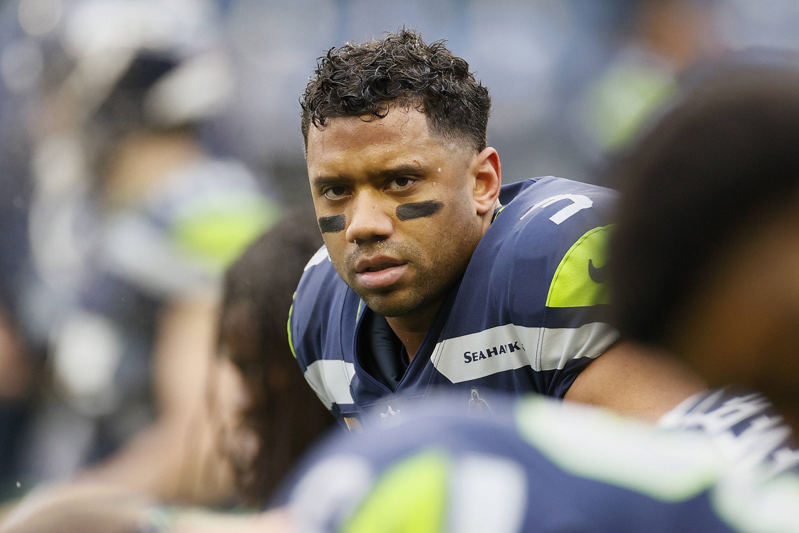 Seahawks QB Russell Wilson reacts during game against the Lions