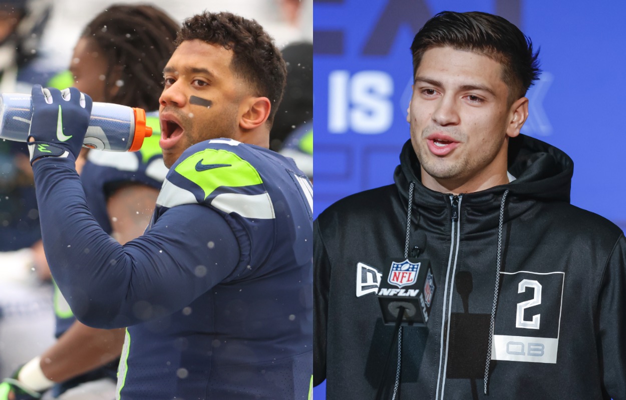 Seattle Seahawks quarterback Russell Wilson (L) and Ole Miss quarterback Matt Corral.