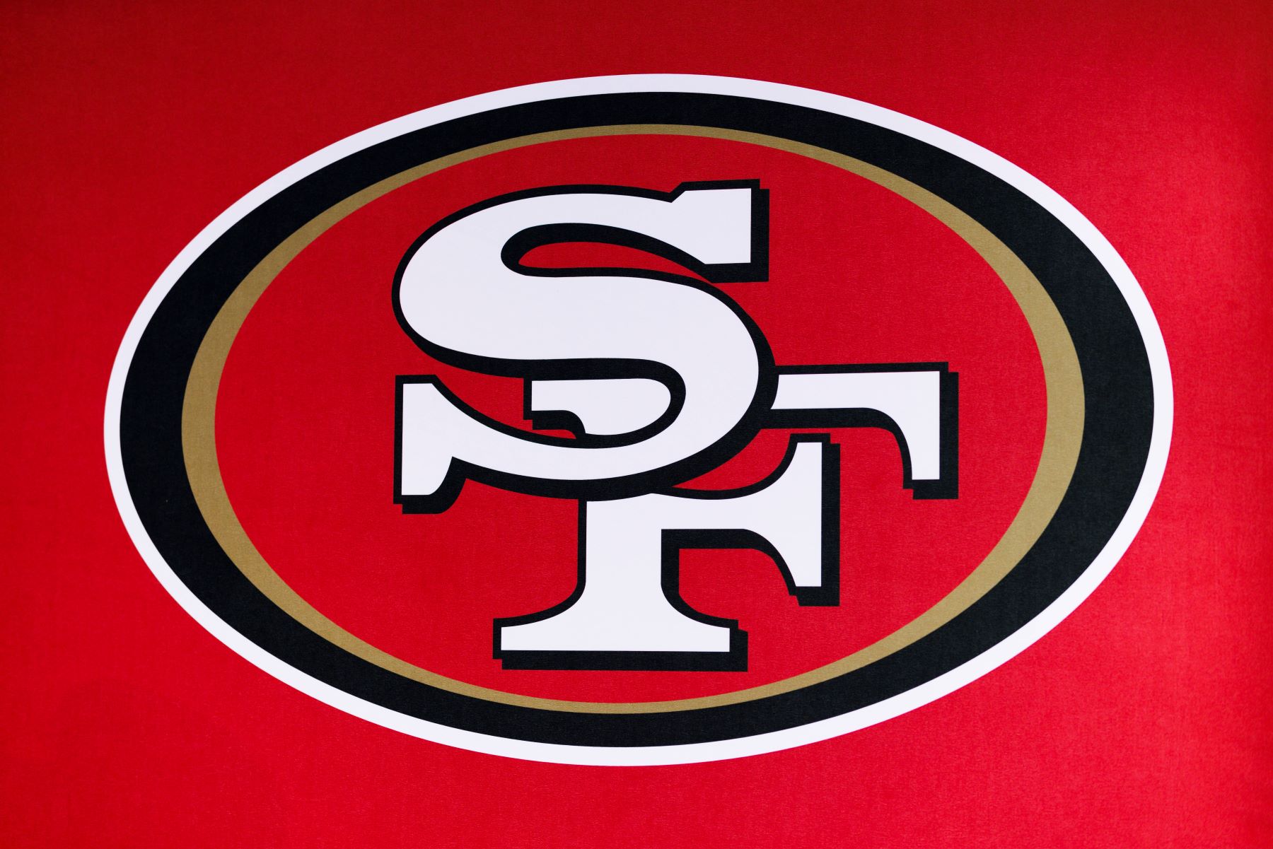 NFL team San Francisco 49ers logo seen at the Los Angeles Convention Center during the Super Bowl Experience