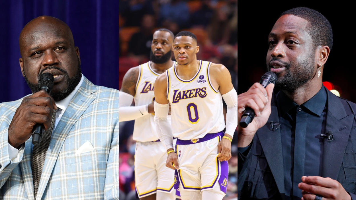 Shaquille O'Neal, Lakers stars LeBron James and Russell Westbrook, and Dwyane Wade.