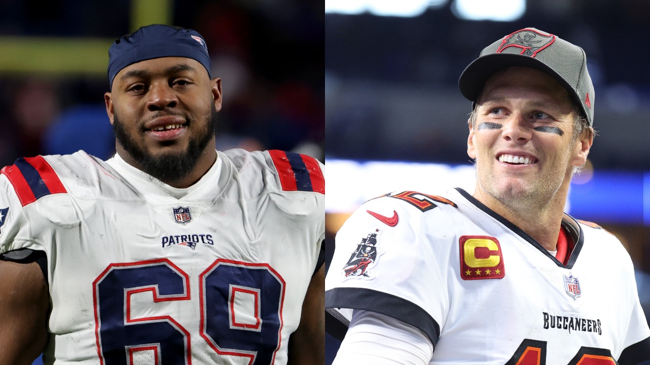 Patriots guard Shaq Mason smiles after a game; Buccaneers QB Tom Brady reacts during game against the Colts