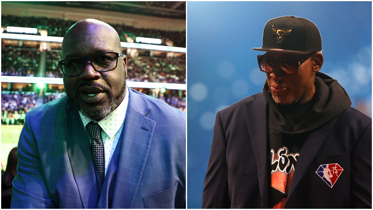 L-R: Shaquille O'Neal poses before the NBA dunk contest and Dennis Rodman on stage during the NBA 75 celebration at All-Star Weekend