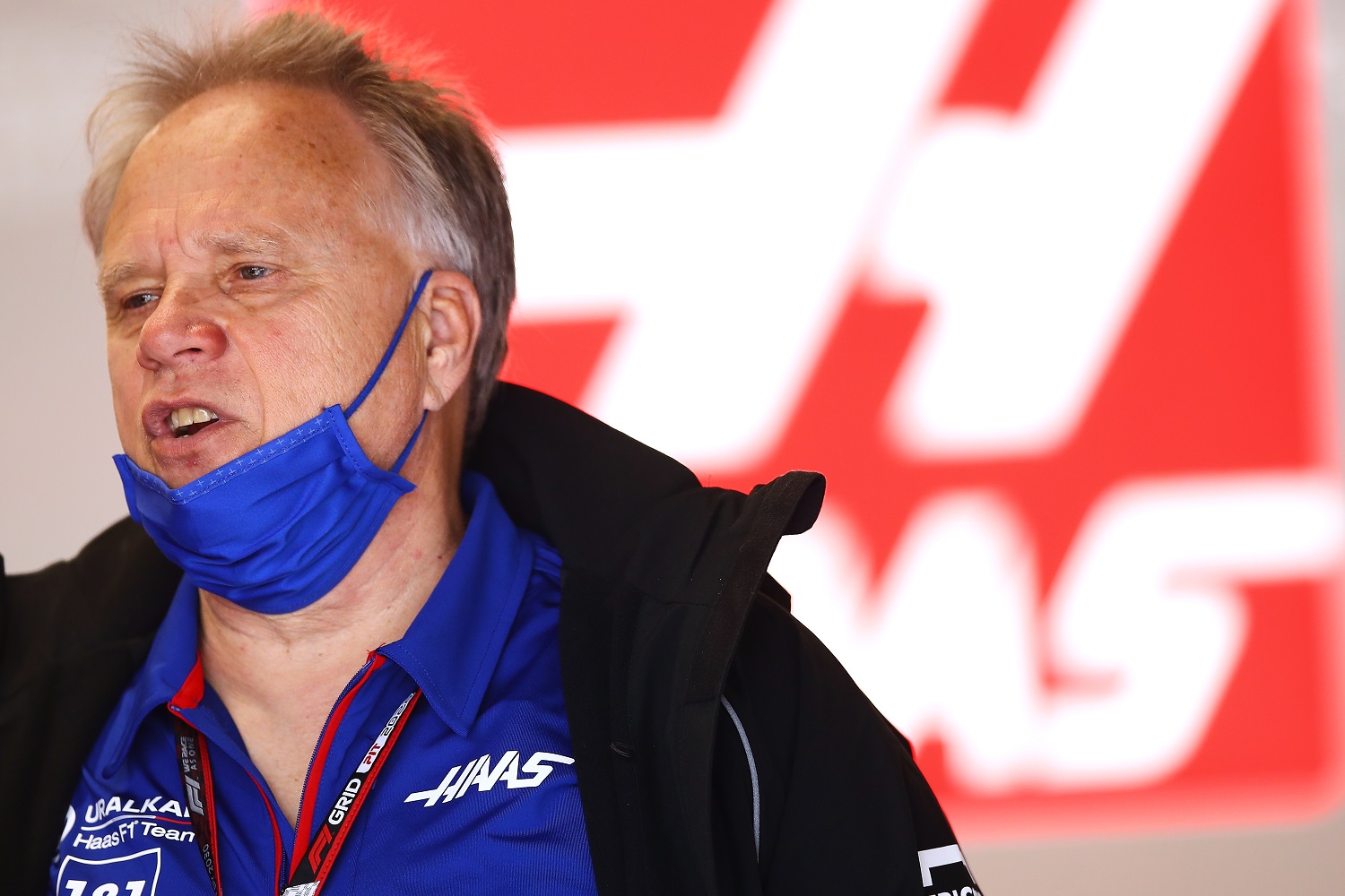 Gene Haas gestures in the garage during Formula 1 testing at Circuit de Barcelona-Catalunya on Feb. 24, 2022, in Barcelona, Spain.