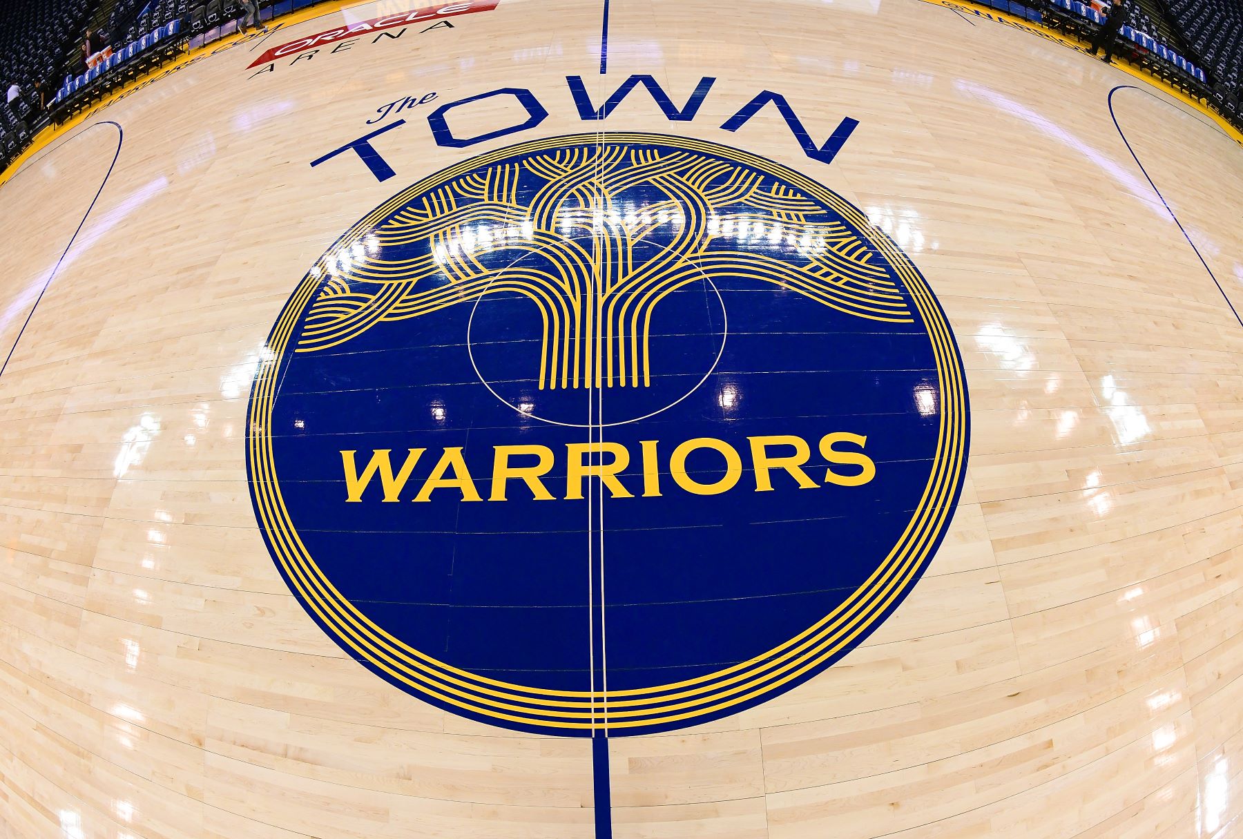 'The Town' Golden State Warriors NBA team logo on the court before a game against the Boston Celtics