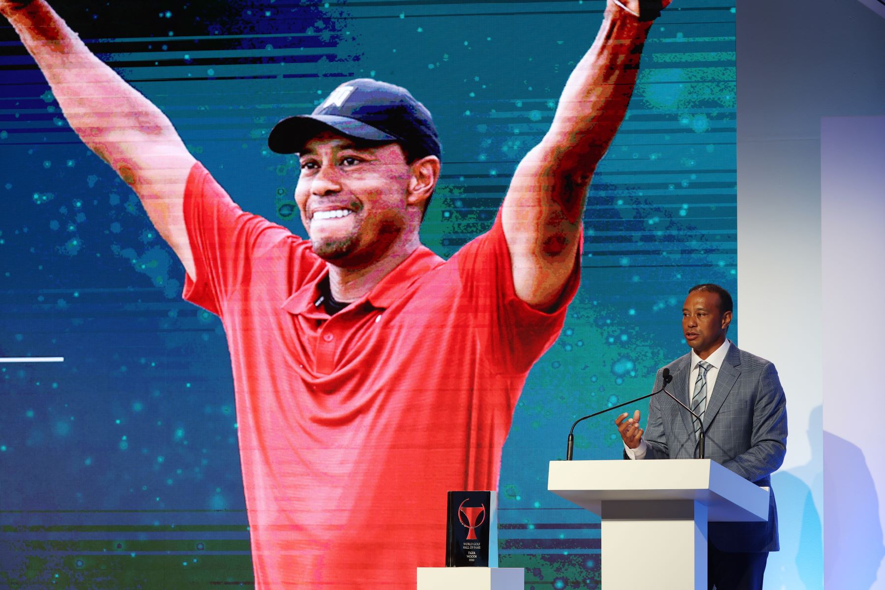 Tiger Woods speaking during his 2022 World Golf Hall of Fame induction ceremony at the PGA TOUR Global Home