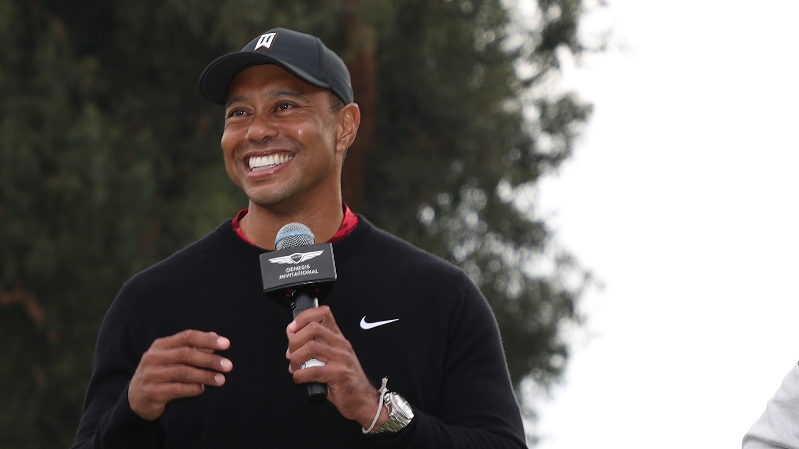 Tiger Woods, tournament host, speaks during the trophy ceremony for The Genesis Invitational at Riviera Country Club on Feb. 20, 2022, in Pacific Palisades, California.