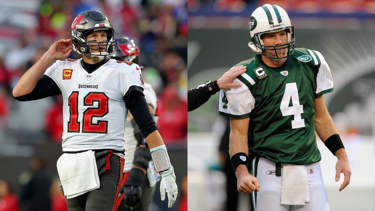 Tom Brady (L) who could be heading to the San Francisco 49ers, walks off the field as a Tampa Bay Buccaneer; Brett Favre playing for the New York Jets in 2008.