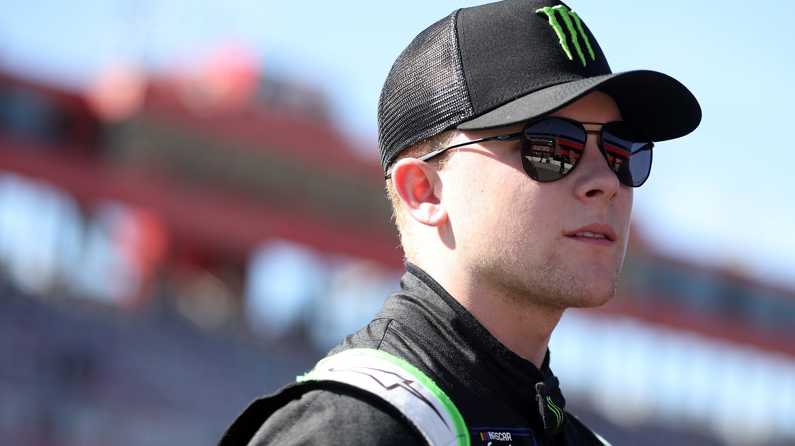 Ty Gibbs looks on during qualifying for the NASCAR Xfinity Series Production Alliance 300 at Auto Club Speedway on Feb. 26, 2022.