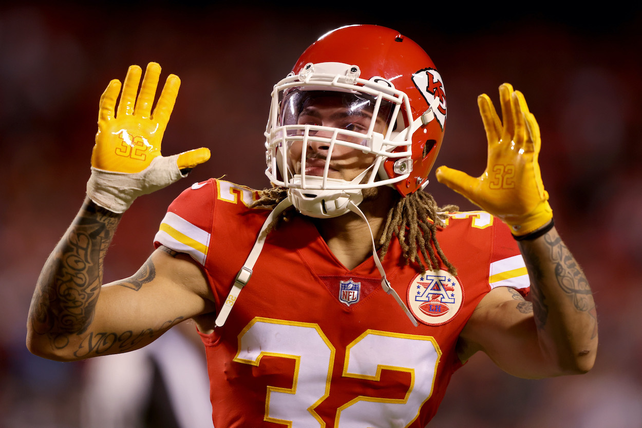 Tyrann Mathieu of the Kansas City Chiefs gestures to the fans.