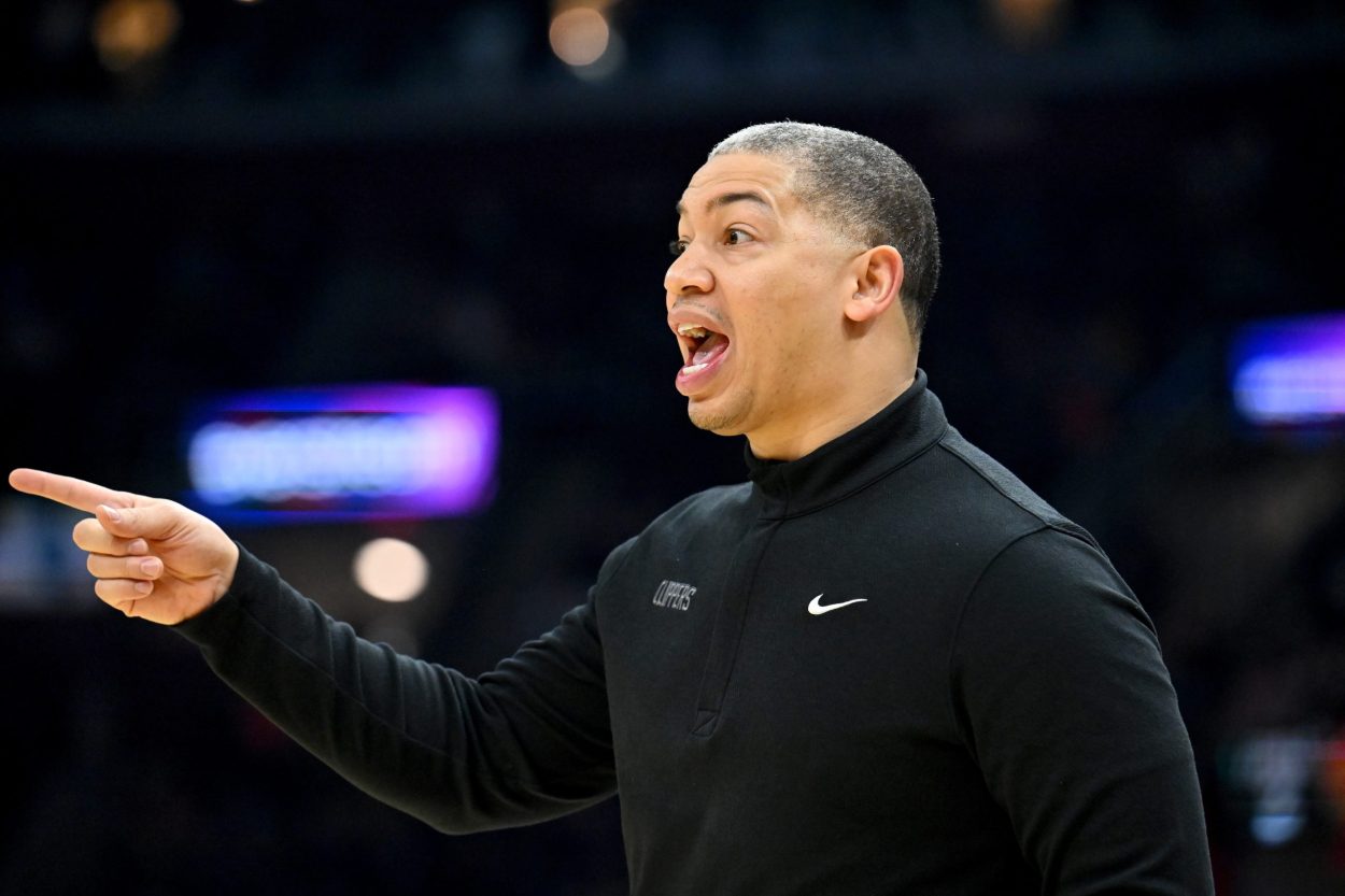 Los Angeles Clippers head coach Tyronn Lue calls out instructions during an NBA game against the Cleveland Cavaliers in March 2022