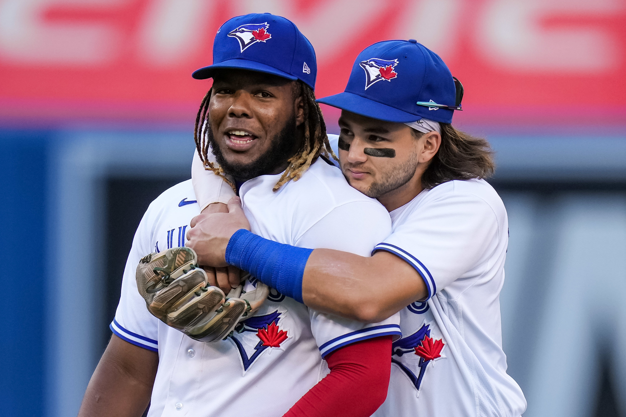 Toronto Blue Jays teammates Vladimir Guerrero Jr. (L) and Bo Bichette in 2021.