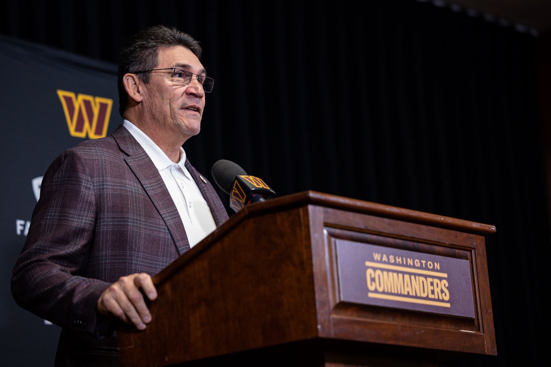 Washington Commanders NFL team head coach Ron Rivera introducing quarterback Carson Wentz