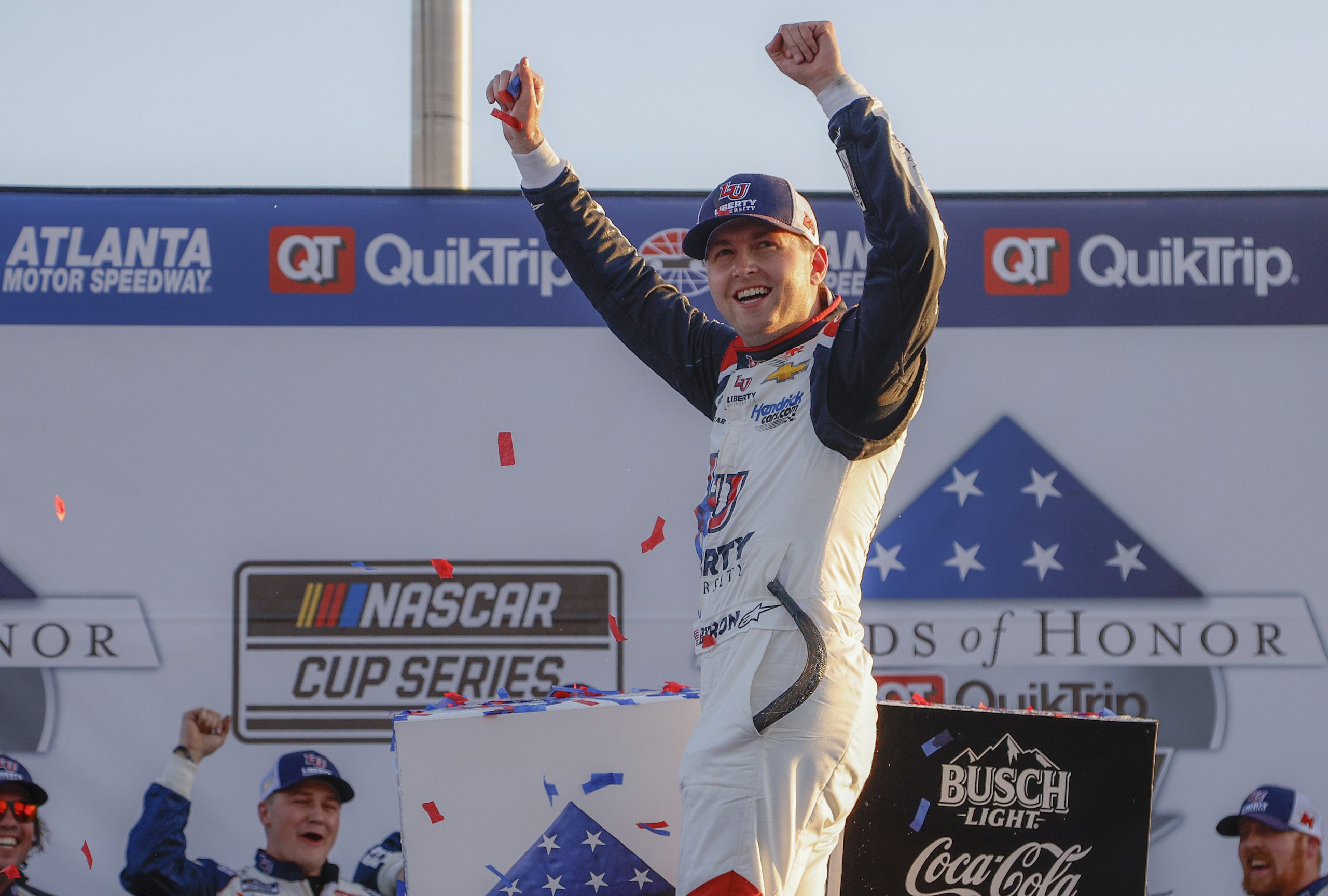 William Byron, driver of the No. 24 Chevrolet, celebrates after winning the NASCAR Cup Series Folds of Honor QuikTrip 500 at Atlanta Motor Speedway on March 20, 2022.