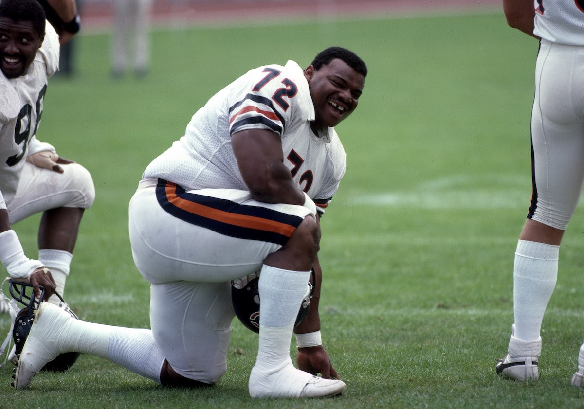 William "The Refrigerator" Perry has a laugh while stretching on the field