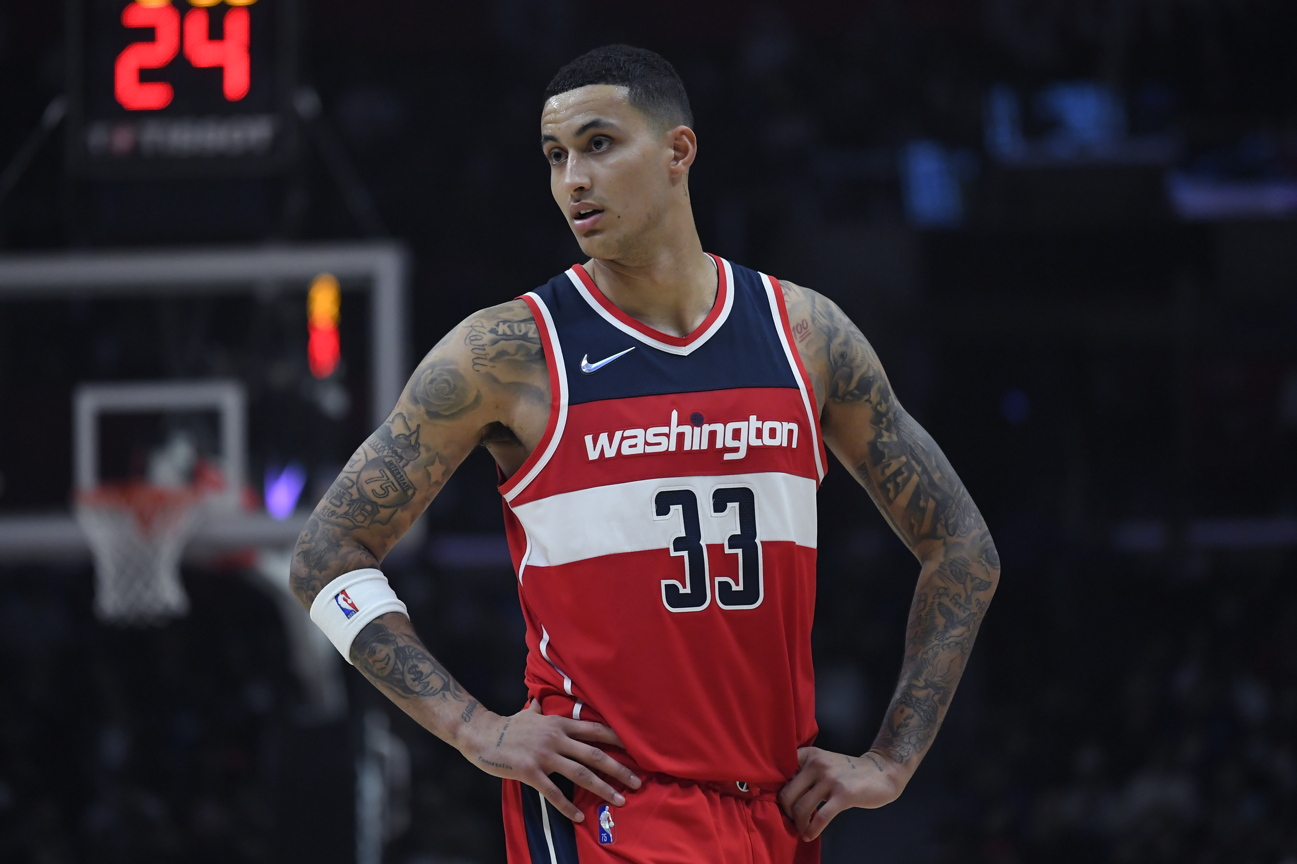 Wizards forward Kyle Kuzma prepares to resume play in a game against the Clippers.