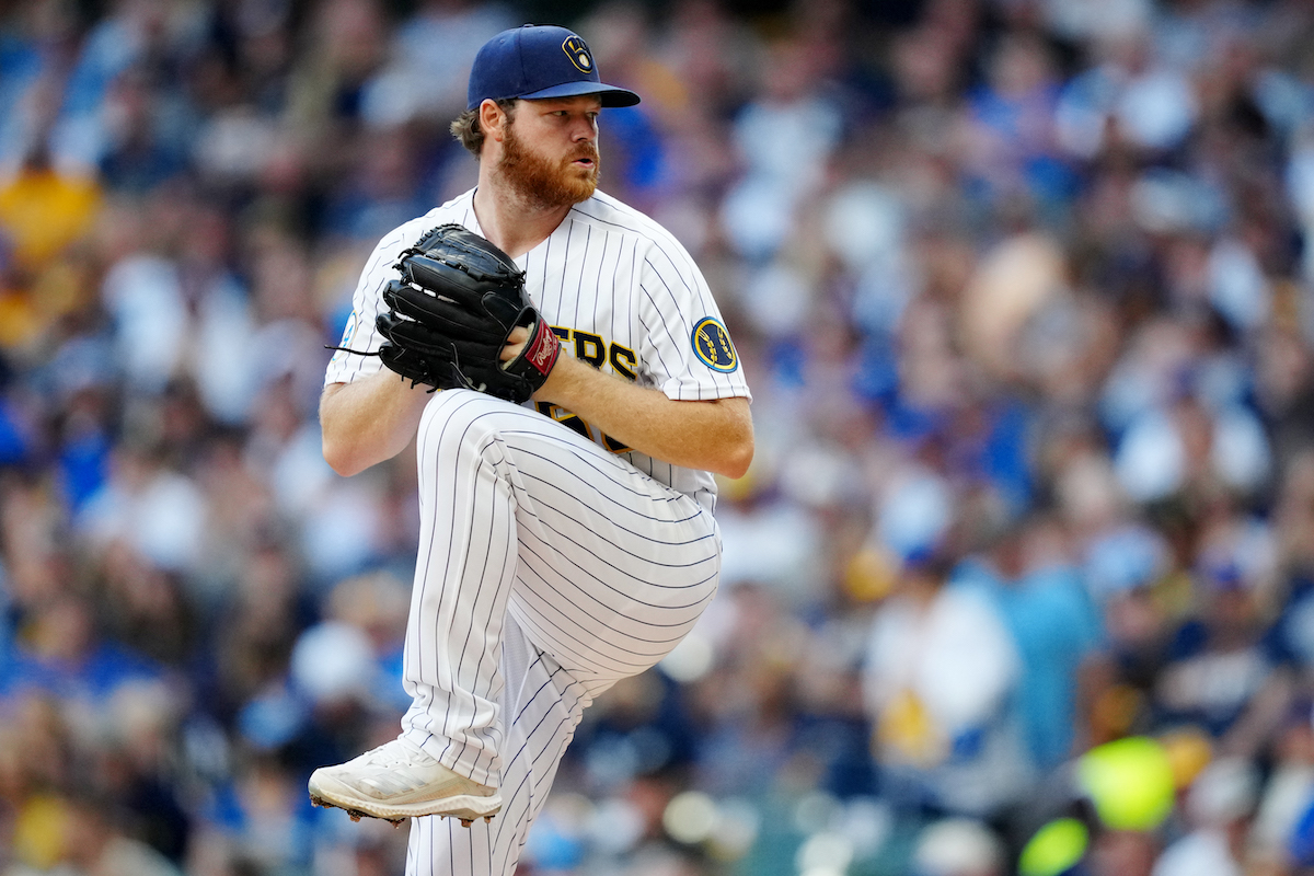 Milwaukee Brewers starting pitcher Brandon Woodruff in his windup.