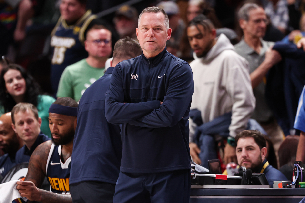 Head coach Michael Malone of the Denver Nuggets looks on against the Boston Celtics.