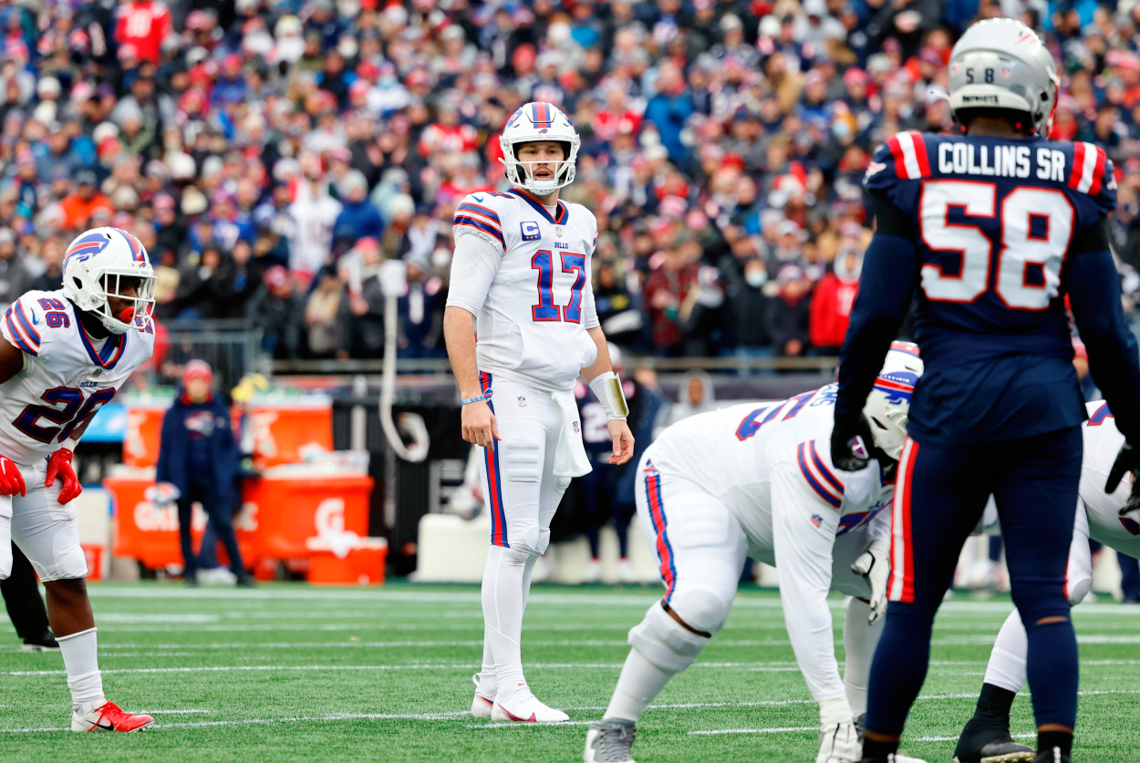 Quarterback Josh Allen looks over the defense during a game between the New England Patriots and the Buffalo Bills.