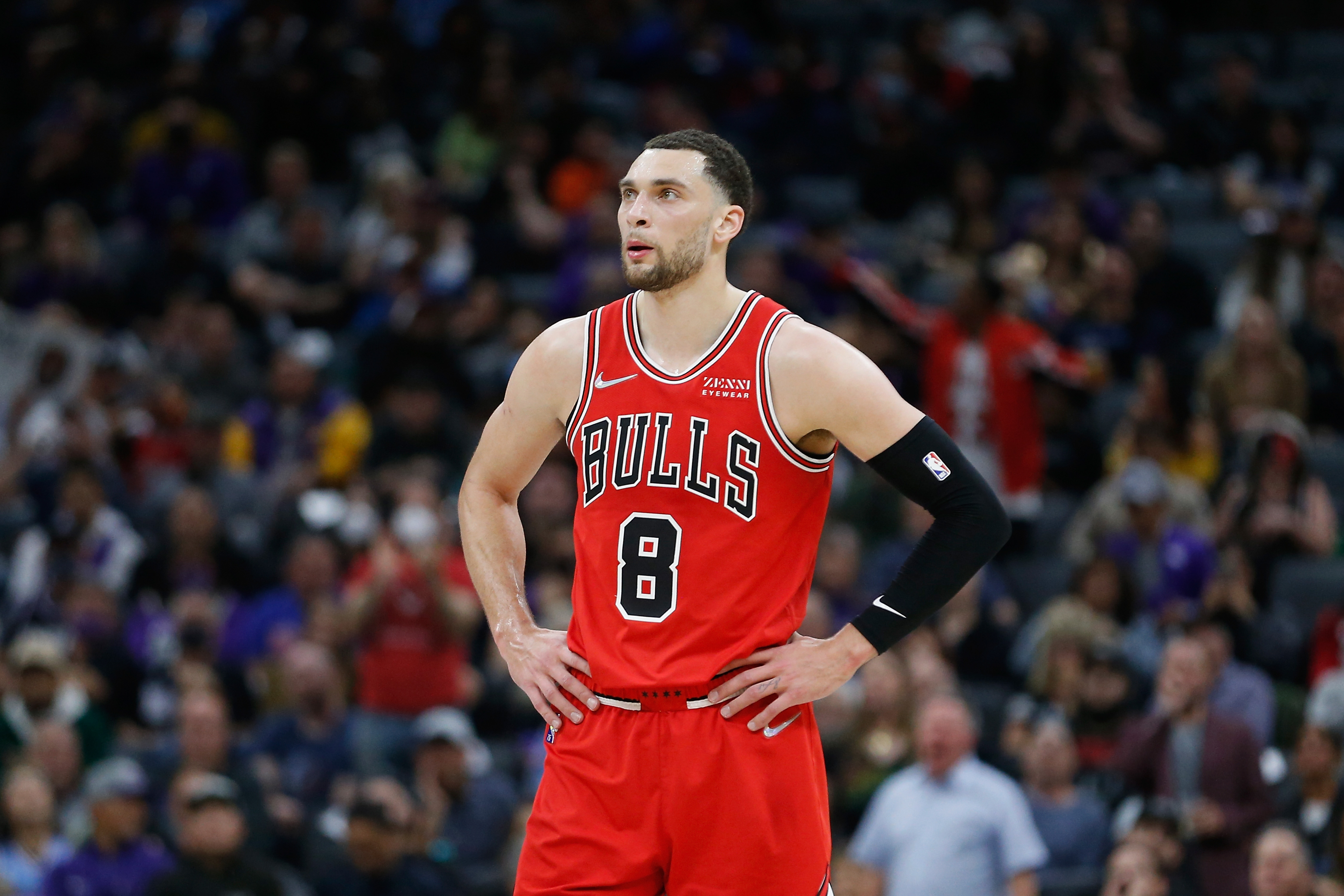 Chicago Bulls guard Zach LaVine looks on during an NBA game against the Sacramento Kings in March 2022