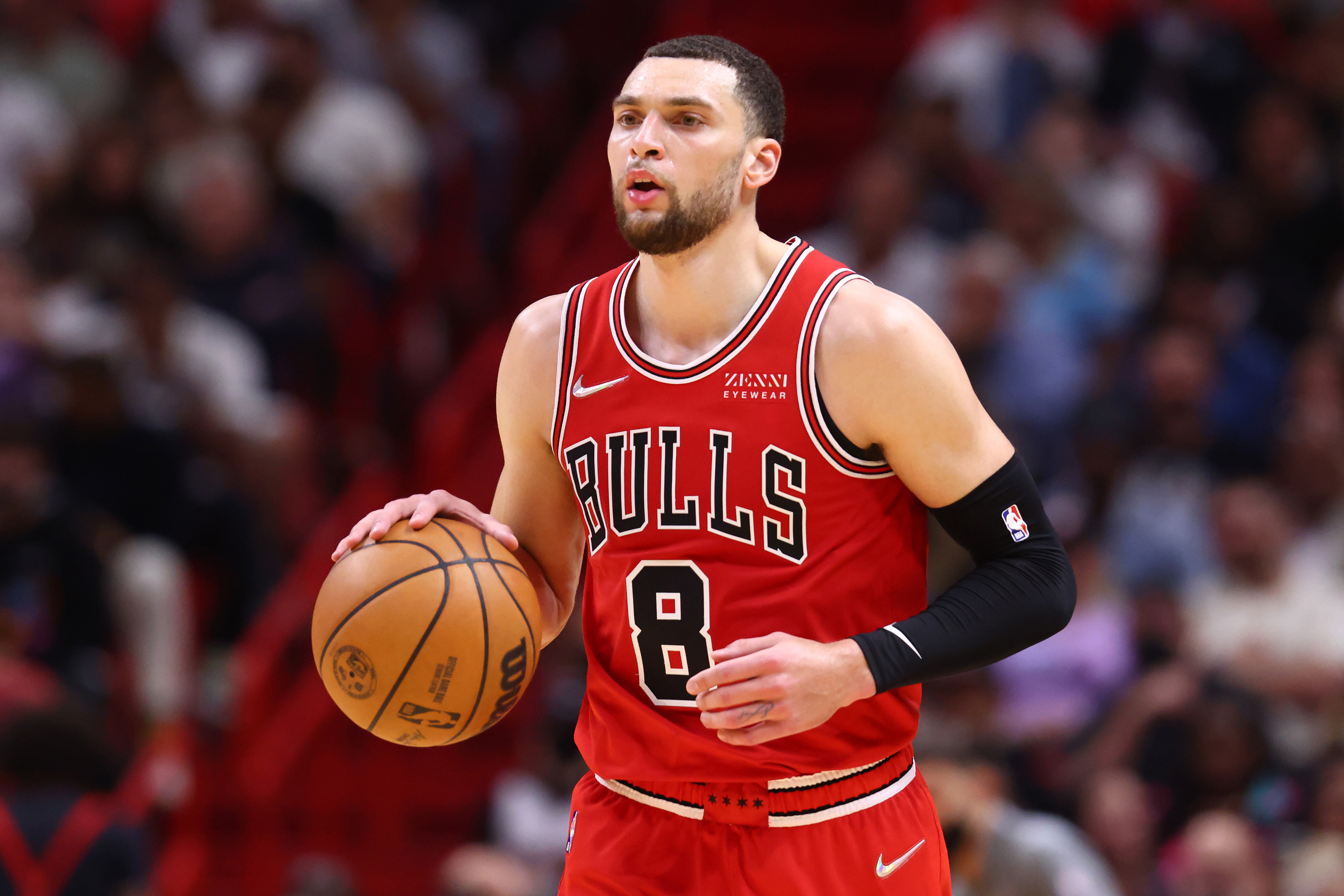 Chicago Bulls star Zach LaVine dribbles the ball during an NBA game against the Miami Heat