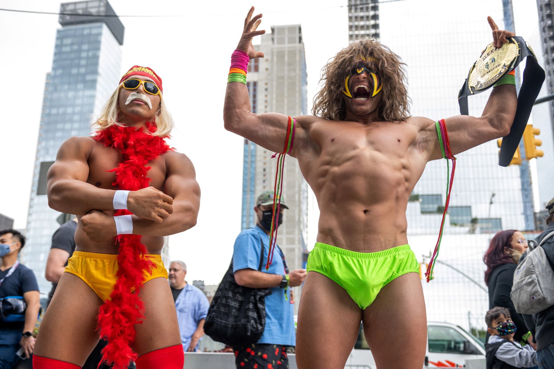 Cosplayers as WWE wrestlers Hulk Hogan and the Ultimate Warrior at the New York Comic Con