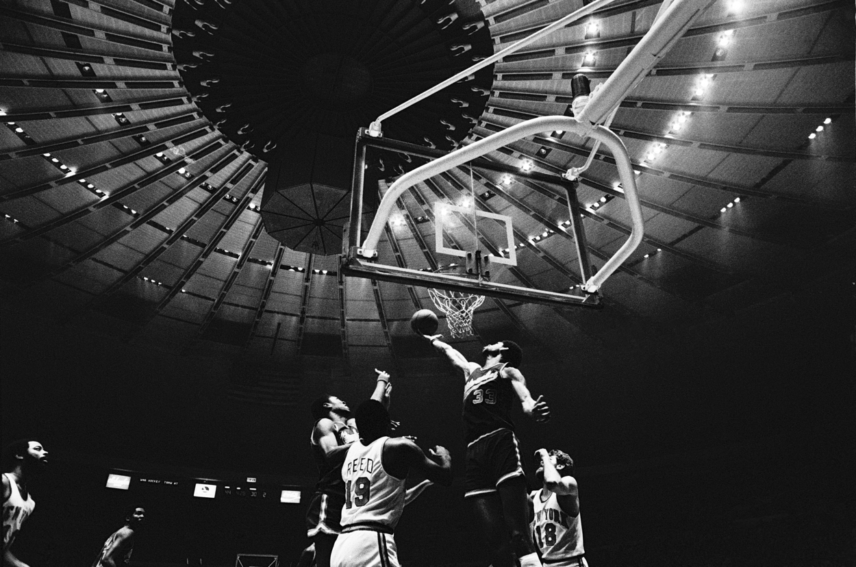 Kareem Abdul-Jabbar goes up for the lay-up against the New York Knicks at Madison Square Garden.