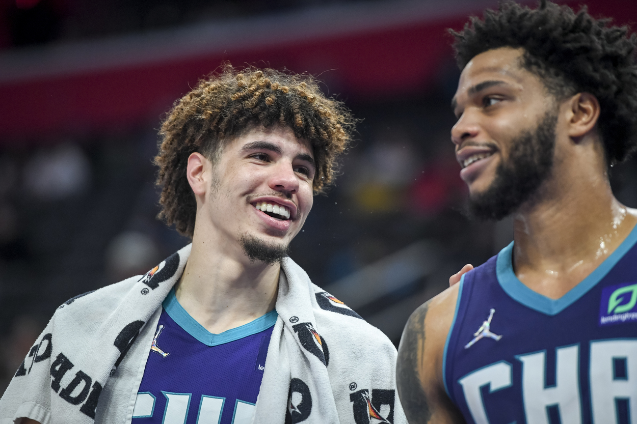 Charlotte Hornets stars LaMelo Ball and Miles Bridges have a conversation.