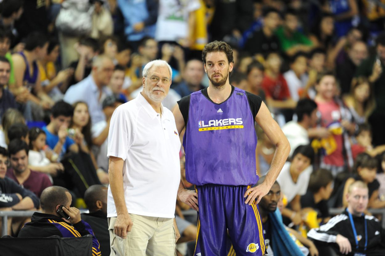Pau Gasol of Los Angeles Lakers and Phil Jackson, head coach, during the training as part of Euroleague Basketball NBA Europe Tour.