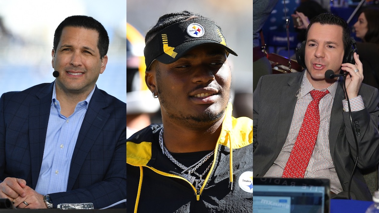(L-R) Adam Schefter from ESPN looks on during the 2020 NFL Pro Bowl; Dwayne Haskins of the Pittsburgh Steelers looks on during the game against the Cincinnati Bengals; Ian Rapoport of the NFL Network visits the SiriusXM set at Super Bowl 50 Radio Row.