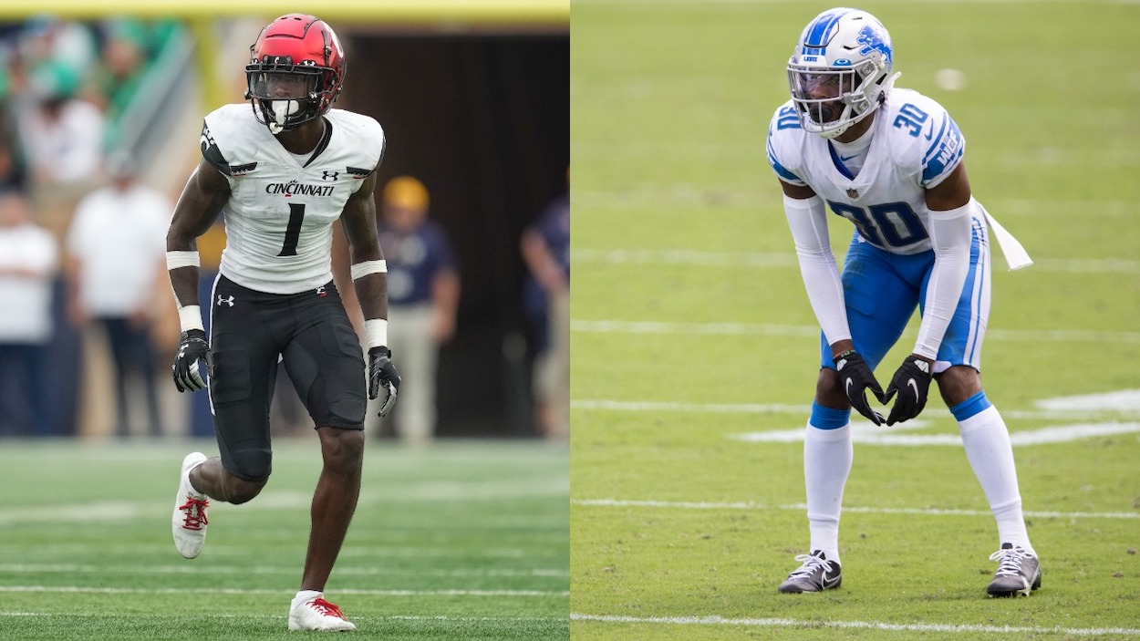 (L-R) 2022 NFL Draft prospect, Cincinnati Bearcats CB Ahmad "Sauce" Gardner; Detroit Lion CB Jeff Okudah.