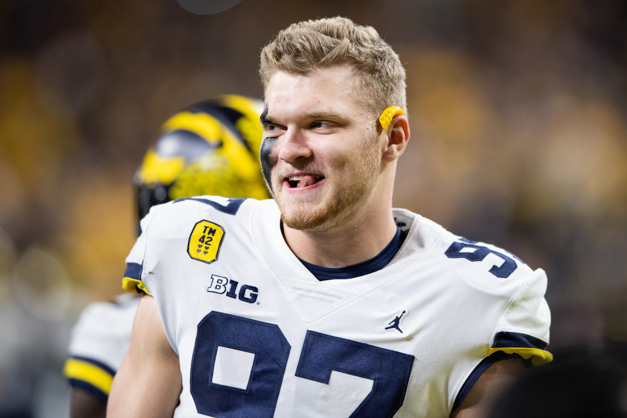 Michigan Wolverines defensive end Aidan Hutchinson warms up on the field. Hutchinson is the favorite to go No. 1 in the 2022 NFL Draft to the Jacksonville Jaguars.