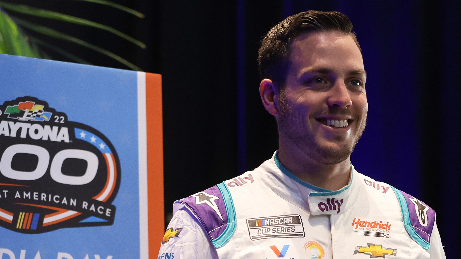 Alex Bowman speaks to the media during media day at Daytona on Feb. 16, 2022 in Daytona Beach, Florida.