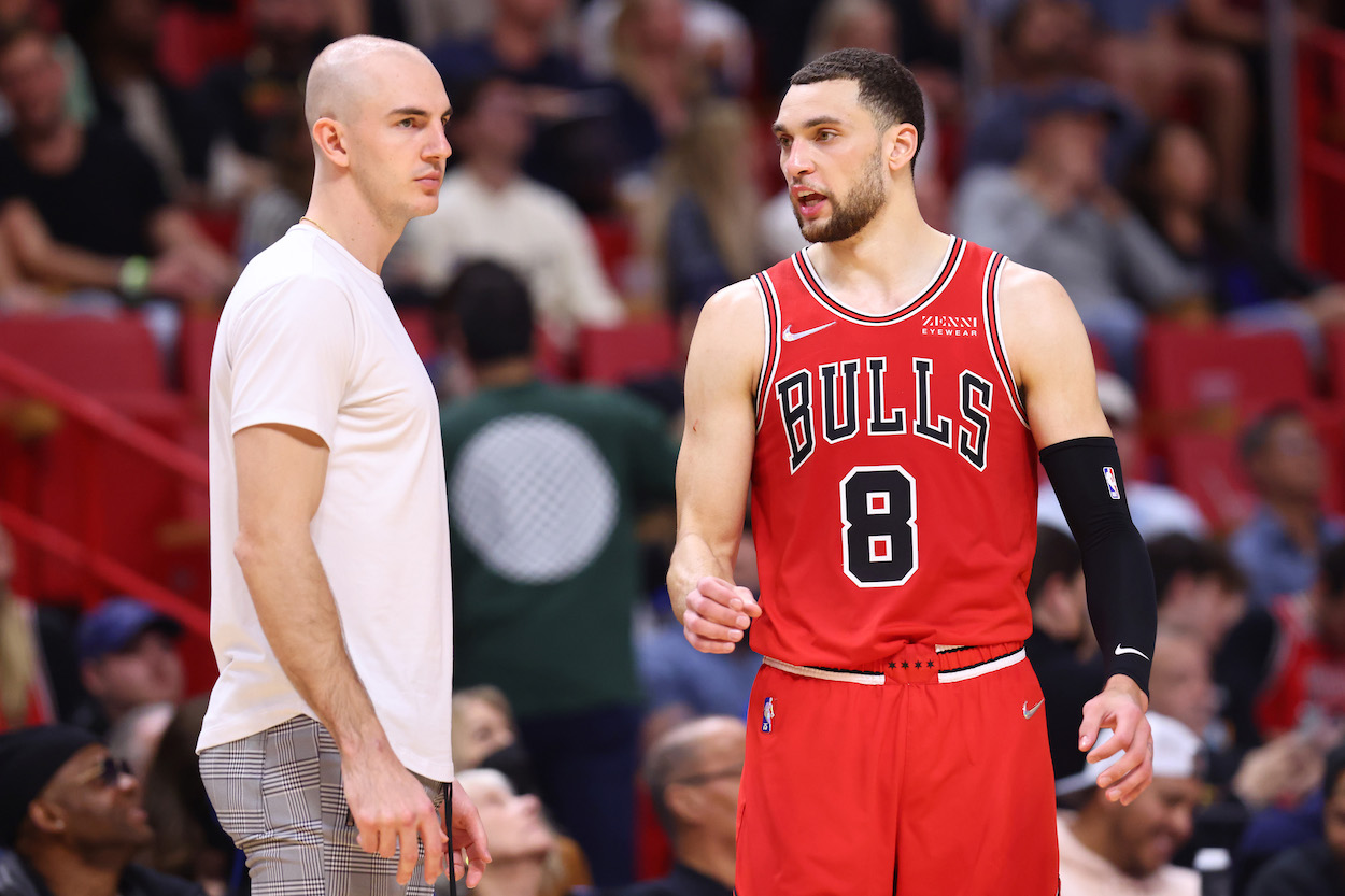 Alex Caruso talks with Zach LaVine.