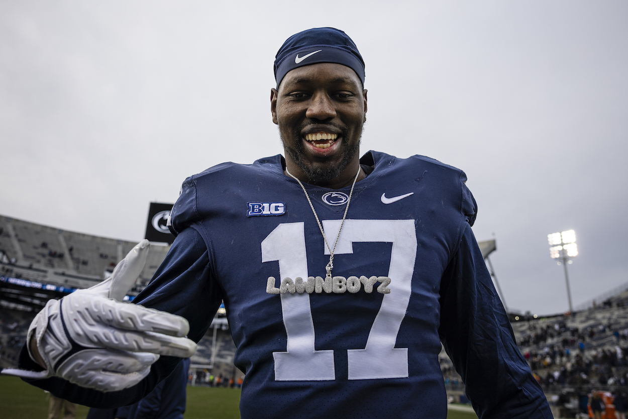 Arnold Ebiketie of the Penn State Nittany Lions celebrates. The DE could be a target of the New York Jets in the 2022 NFL Draft.