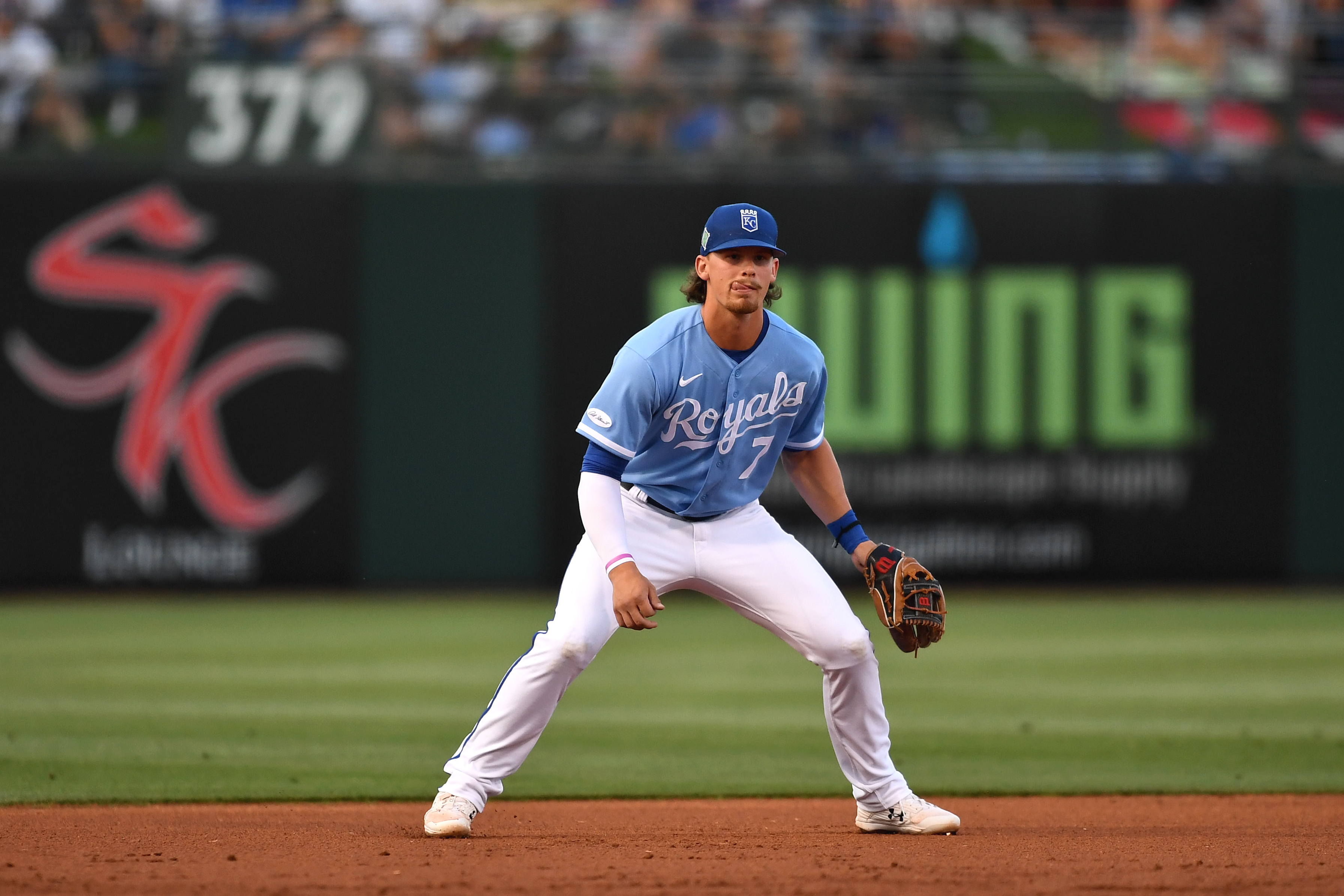 Kansas City Royals infielder and top MLB prospect Bobby Witt Jr. in fielding position during a Spring Training game against the Los Angeles Dodgers in March 2022