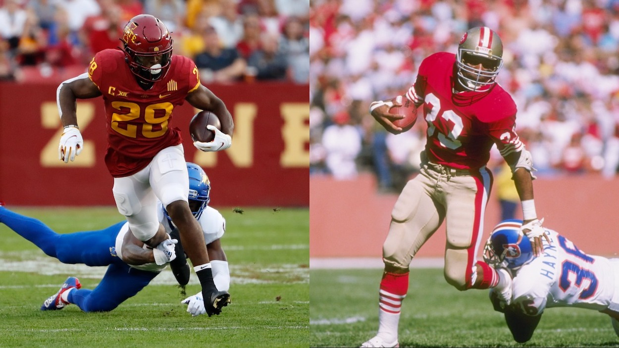 (L-R) Iowa State RB and 2022 NFL Draft prospect Breece Hall and his cousin, San Francisco 49ers RB and 1983 NFL Draft pick Roger Craig.