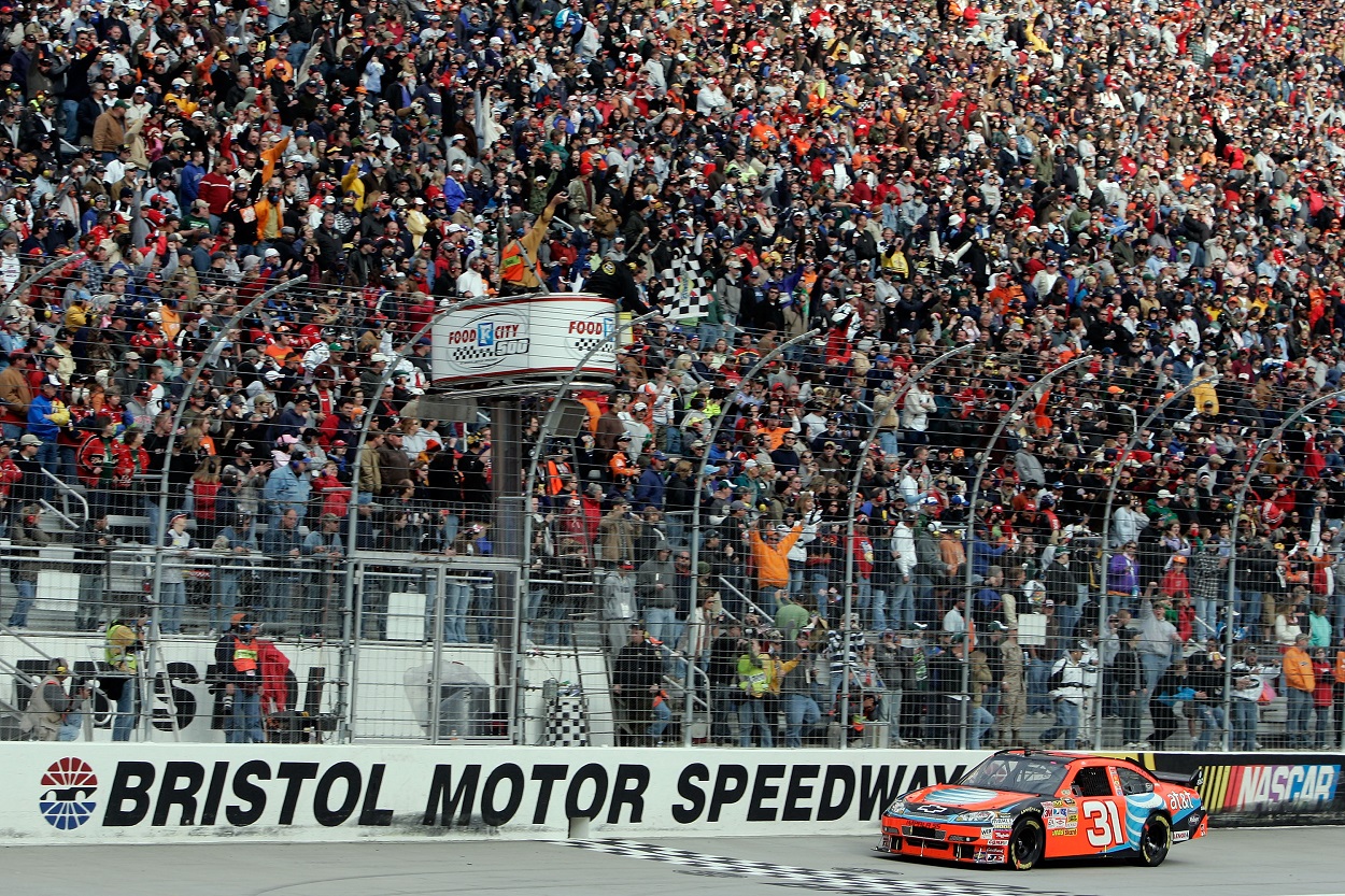 Jeff Burton crosses the finish line to win the 2008 NASCAR Cup Series Food City 500 at the Bristol Motor Speedway