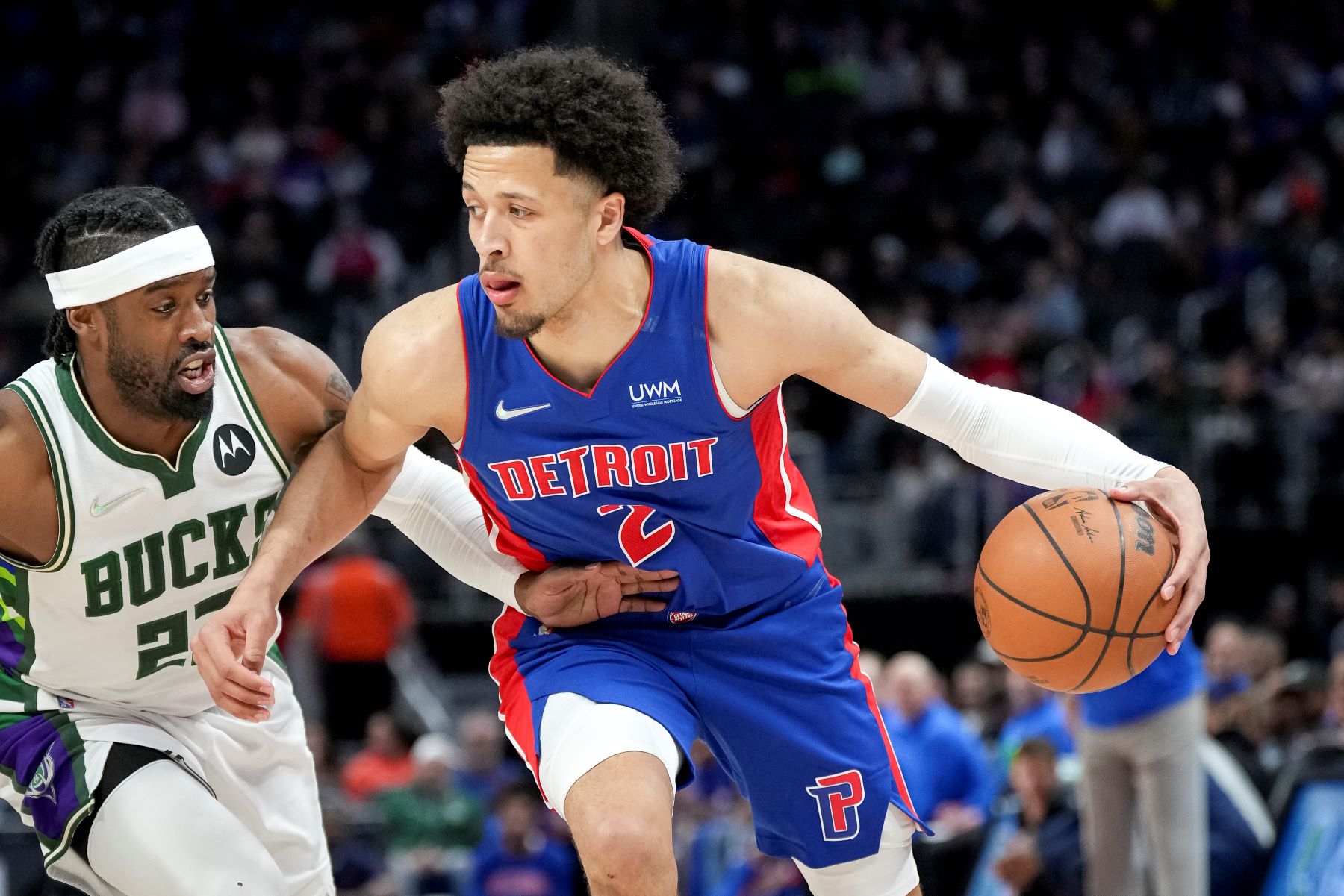 Cade Cunningham #2 of the Detroit Pistons playing against the Milwaukee Bucks
