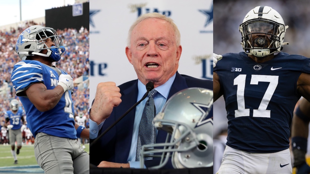 (L-R) Memphis WR Calvin Austin II, Dallas Cowboys owner Jerry Jones, and Penn State DE Arnold Ebiketie. Austin and Ebiketie are picks in his Dallas Cowboys mock draft.