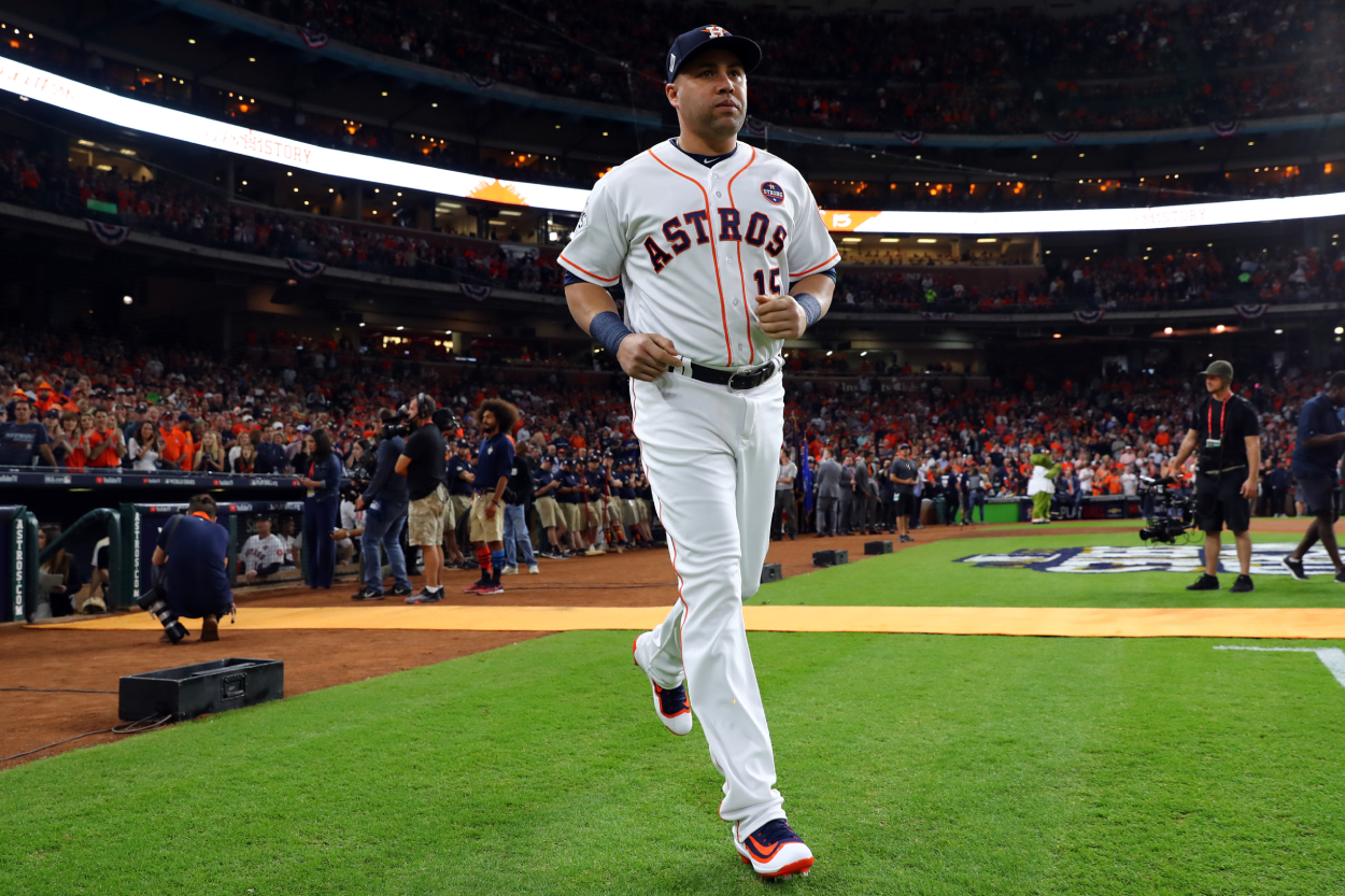Carlos Beltran of the Houston Astros takes the field during player introductions prior to Game 3 of the 2017 World Series.