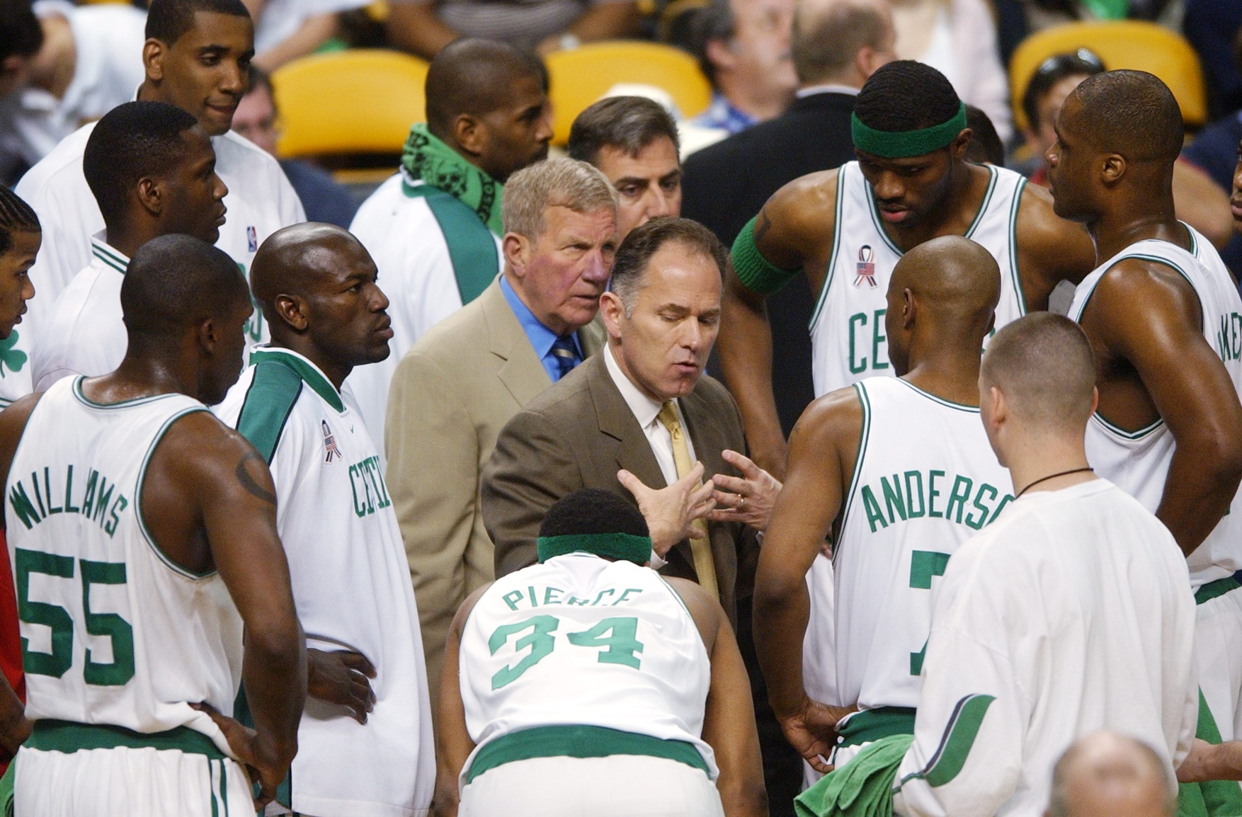 Boston Celtics' head coach Jim O'Brien instructs his team.